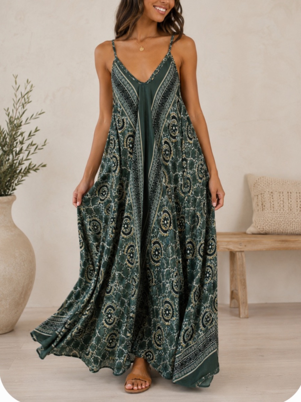 Wevez 100% Silk Bohemian Green Print Spaghetti-Strap Maxi Dress